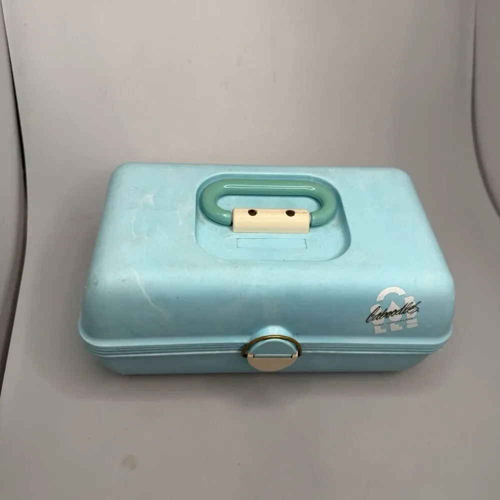 Caboodles Vintage 90s Makeup Case Blue Marble 2 Tier Tray Mirror GUC
